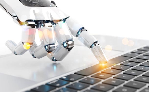 weiße Roboter-Cyborg-Hand drückt eine Tastatur auf einem Laptop 3D-Rendering - Foto, Bild