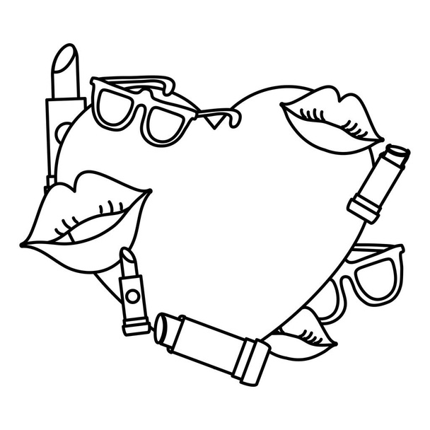line emblem with lipstick makeup and glasses decoration vector illustration - Vector, Image