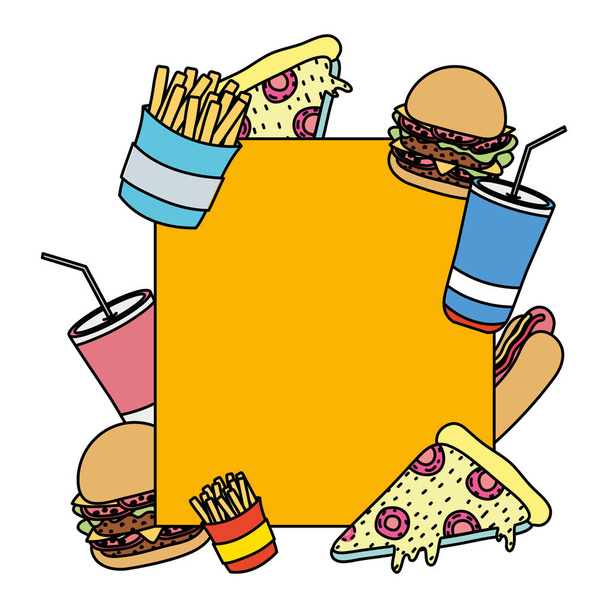 color emblem with unhealthy fastfood meal decoration vector illustration - Vector, Image