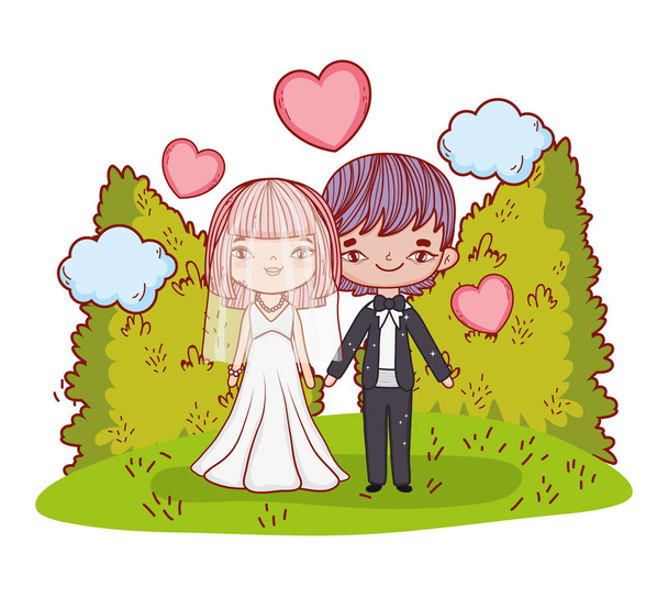 girl and boy couple with hearts and clouds vector illustration - Vector, Image