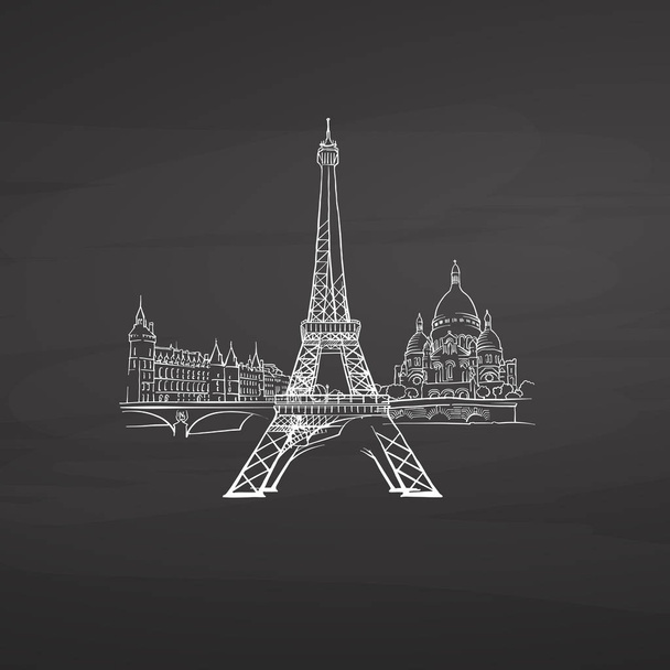 Parigi Francia firma sulla lavagna. Schizzo vettoriale in gesso digitale disegnato sulla lavagna. Destinazioni delle capitali europee
. - Vettoriali, immagini