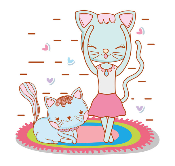 female cat dancing in the rug with a friend vector illustration - Vector, Image