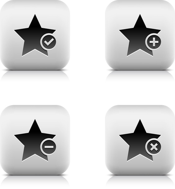 Stone web 2.0 button star icon and check mark, plus, minus, delete sign. Спутниковая округлая квадратная форма с черной тенью и серым отражением на белом фоне. Векторная иллюстрация 8 eps
 - Вектор,изображение
