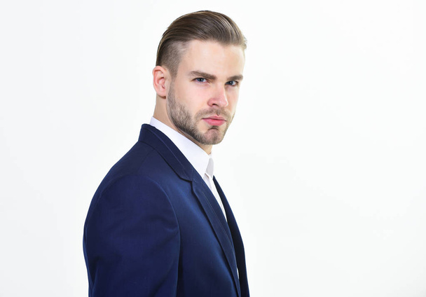 Handsome office worker. Make business decision and take responsibilities. Individual entrepreneur business. Man well groomed business formal suit white background. Business man serious entrepreneur - Photo, image