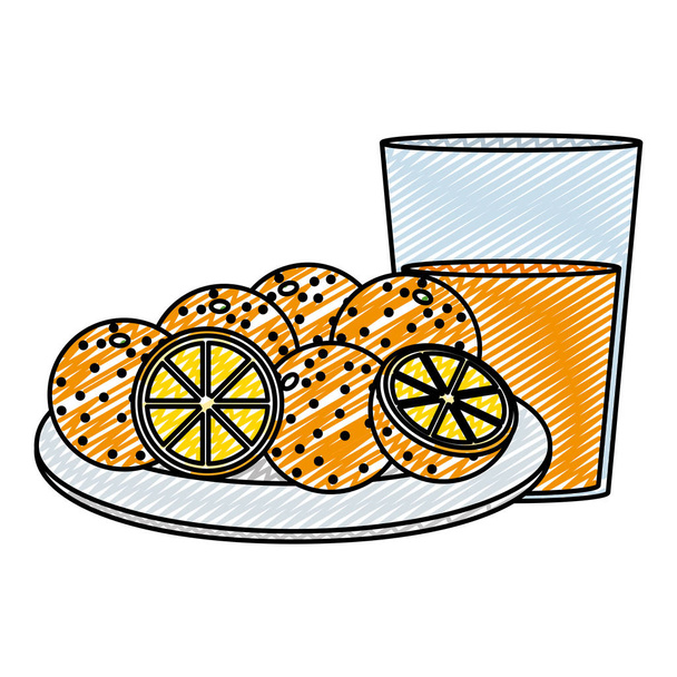 Doodle köstliche Orangen Früchte im Teller und Saftglas Vektor Illustration - Vektor, Bild