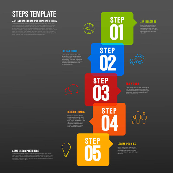 Vetor cinco passos progresso infográfico modelo vertical feito de bolhas de seta e ícones - versão escura
 - Vetor, Imagem