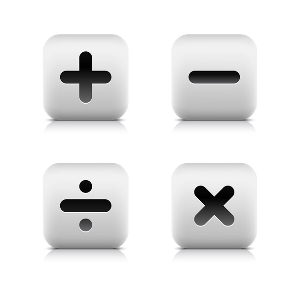 Math symbols on white stone web 2.0 buttons. Smooth rounded square shapes with shadow and reflection on white background. Mesh technique. - Vector, Image