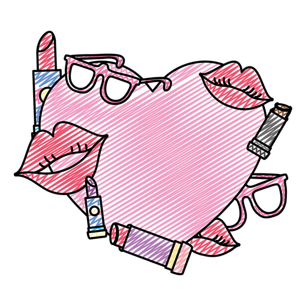Doodle Emblem mit Lippenstift Make-up und Brille Dekoration Vektor Illustration - Vektor, Bild