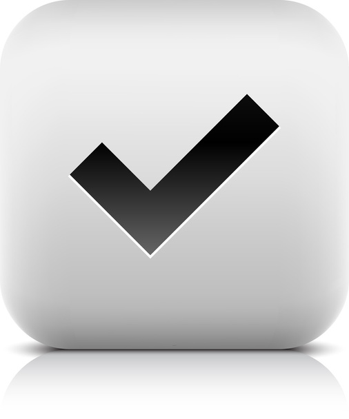 石のウェブ 2.0 のボタンのチェック マーク記号。黒い影と白い背景の上の灰色の反射白の丸みを帯びた正方形の形のアイコン。このベクトル図作成および 8 eps 形式で保存 - ベクター画像