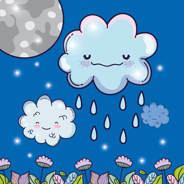 moon with happy fluffy clouds raining vector illustration - Vector, Image