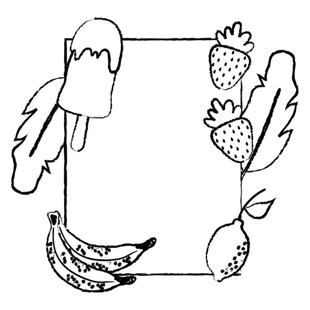 grunge έμβλημα με παγωτό lolly και τροπικών φρούτων και φυτών εικονογράφηση διάνυσμα - Διάνυσμα, εικόνα