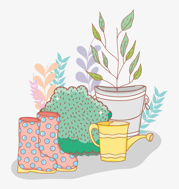 plant leaves inside can with bushes and boots vector illustration - Vector, Image