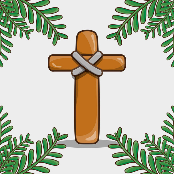 catholic cross with palm branches traditional vector illustration - Vector, Image