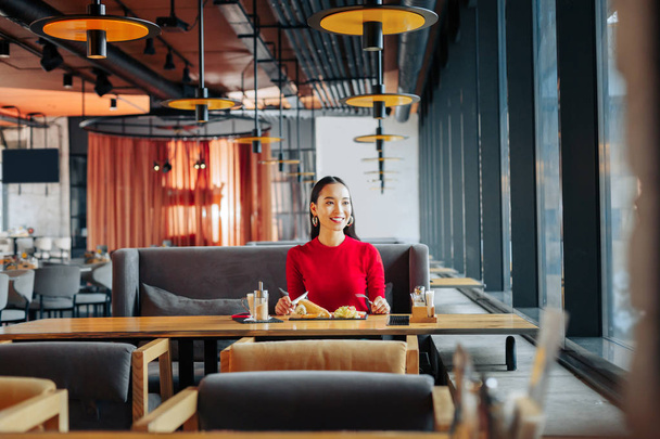 Dark-haired businesswoman eating lunch in light spacious restaurant - Fotoğraf, Görsel