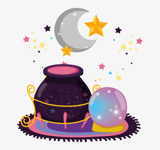caldero con bola de cristal mágico y luna con ilustración de vectores de estrellas
 - Vector, imagen