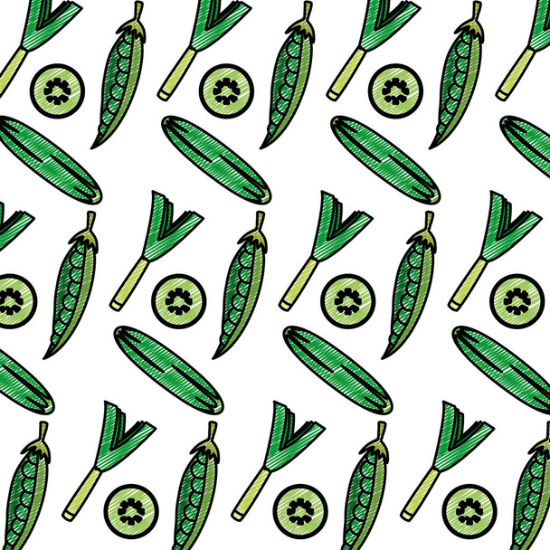 каракулі зелена цибуля з огірком та гороховим фоном Векторні ілюстрації
 - Вектор, зображення