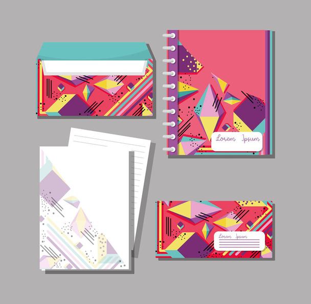 Memphis notebooks en enveloppen bespotten omhoog vector illustratie grafisch ontwerp - Vector, afbeelding