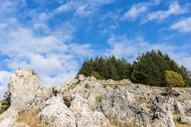 Kleurrijke landschap van de rotsachtige heuvel aan het eind van de zomer - Foto, afbeelding