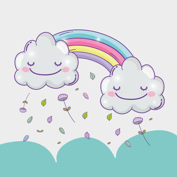 rainbow with happy clouds and flowers leaves vector illustration - Vector, Image