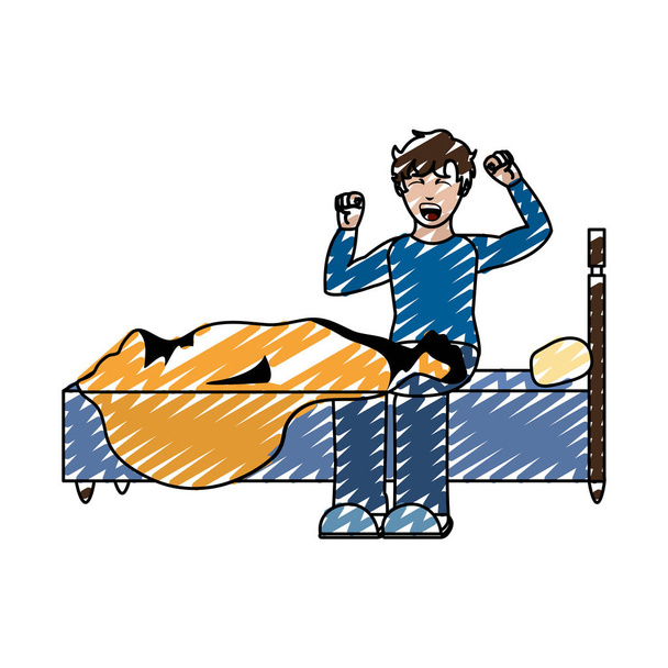 doodle hombre caminando hacia arriba y bostezar en la cama vector ilustración
 - Vector, Imagen