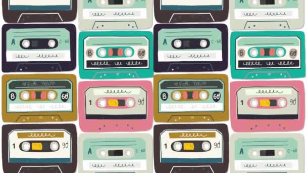 Motion illustration. Old audio cassette background. Moving bright cartoon mix tapes. Retro wave 2D animation. Perfect background for back to 80s 90s nostalgical party, music event, festival, blog. - Footage, Video