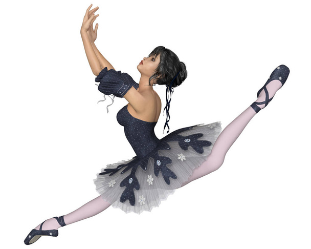 Illustration einer jungen dunkelhaarigen Ballerina, die ein dunkelblaues Schneeflocken-Tutu trägt und einen Grand Jete vollführt, 3D digital gerenderte Illustration - Foto, Bild
