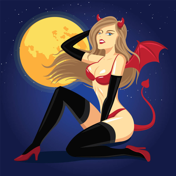 Mulher sexy vestida com um traje de diabo - Vector
 - Vetor, Imagem