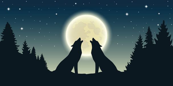 dva vlci vyjí na měsíc v lesní krajině - Vektor, obrázek