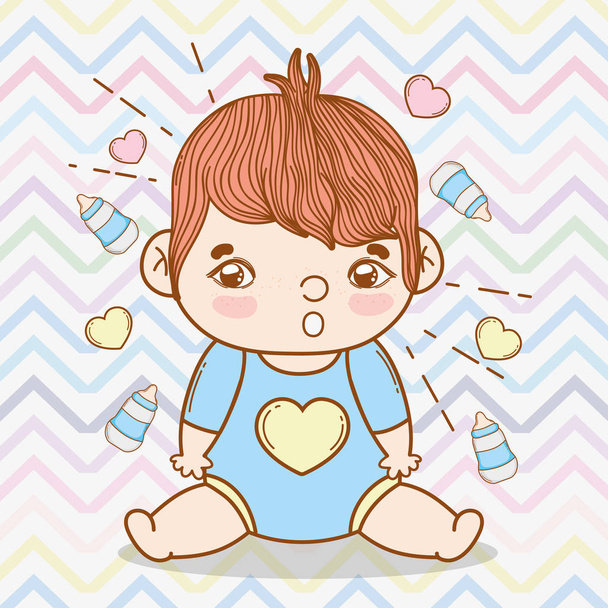baby boy with hearts and feeding bottles background vector illustration - Vector, Image