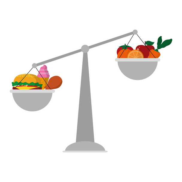 objeto balence escala con la ilustración de vectores de alimentos saludables y poco saludables
 - Vector, imagen