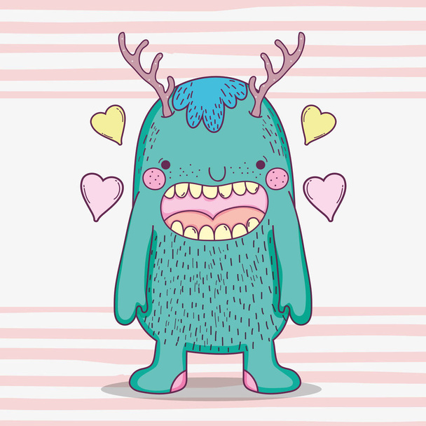 monster fantastic creature with antlers and hearts vector illustration - Vector, Image
