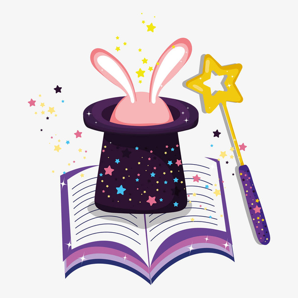 hat with rabbit and magic wand and book - Vector, Image