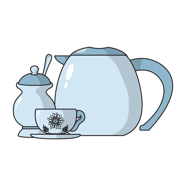 teapot object with aromatic cup and sugar vector illustration - Vector, Image
