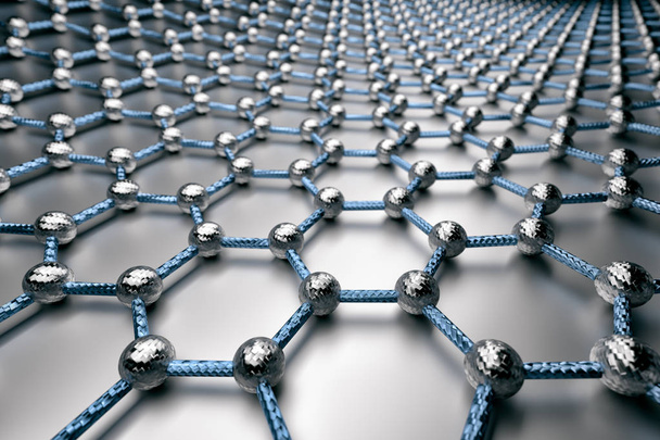 3D рендеринг поверхности графена, серых атомов и голубых связей с углеродной структурой, глянцевой серой поверхностью
 - Фото, изображение