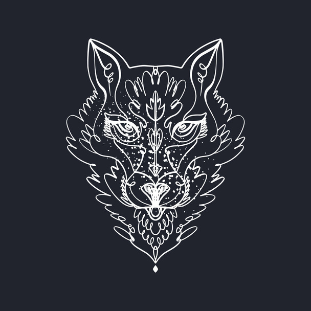 Patterned head of the wolf. Animal totem, boho style, flash tattoo design. Antistress art. Good for t-shirt design, bag, phone case, room poster and postcard - ベクター画像