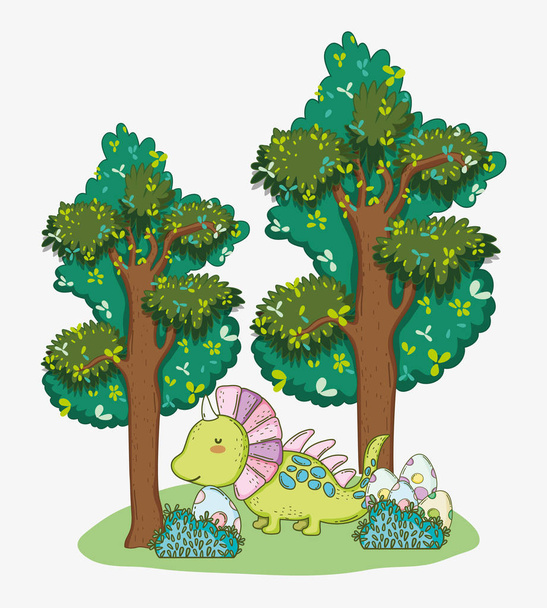styracosaurus with dino eggs in the bushes and trees vector illustration - Vector, Image