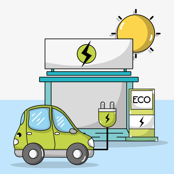 electric car with power cable and recharge station vector illustration - Vector, Image