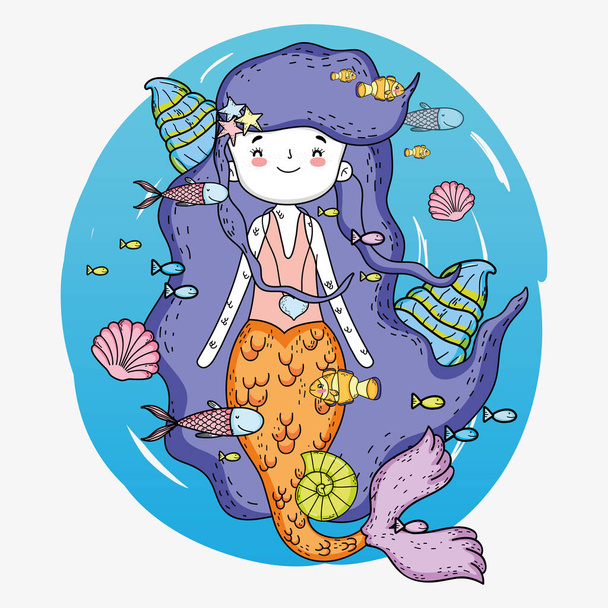 mermaid woman underwater with shells and fishes vector illustration - Vector, Image