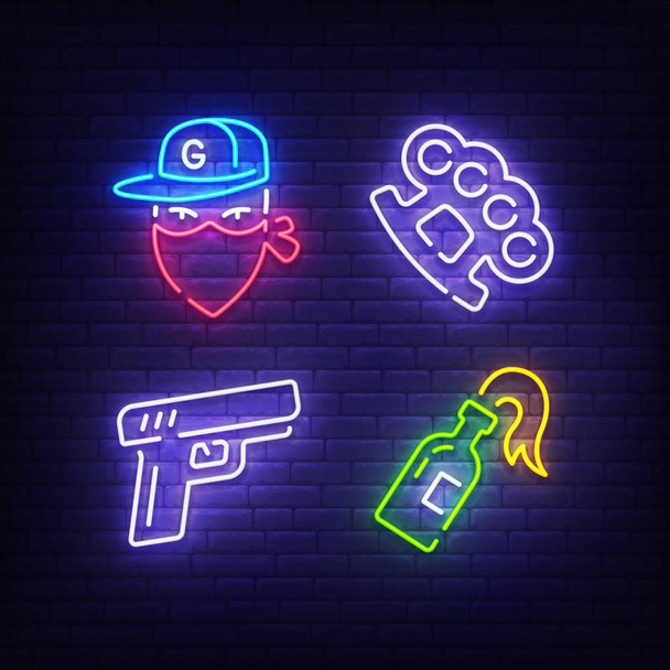 Gangster pictogramserie, heldere uithangbord, lichte banner. Gangster logo neon, embleem. Brass knuckles, pistool en Molotov pictogram. Vectorillustratie - Vector, afbeelding
