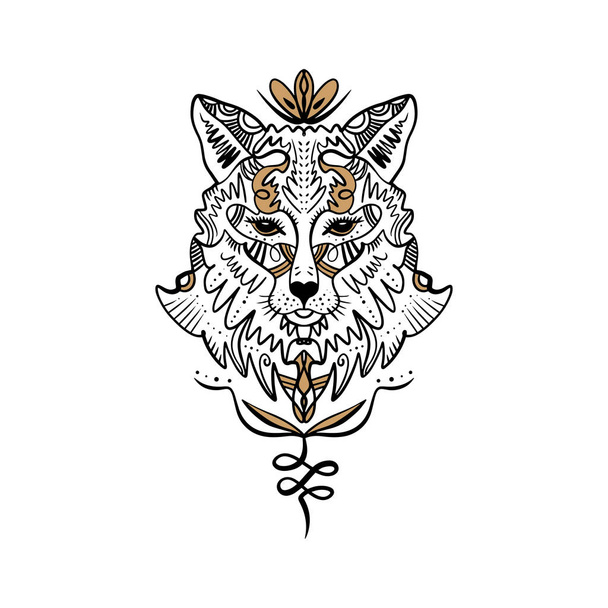 Beautiful totem wolf or fox, boho hippie illustration for sketches of tattoos. Northen style, sticker. Antistress art. Good for t-shirts design, bags, phone cases - Vector, Image