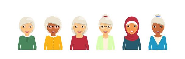 Група старих жінок. Портретний стиль. Набір різних жінок пенсійного віку. У рівному стилі на білому тлі. Мультфільм
. - Вектор, зображення