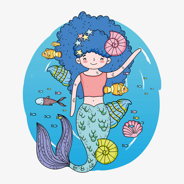 cute mermaid woman with shells and snails underwater vector illustration - Vector, Image