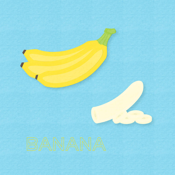 Vector creativo ilustración plátano frutas y plátanos en rodajas. Sobre fondo azul con textura de papel. Arte de papel artesanía digital estilo de corte en papel
. - Vector, imagen