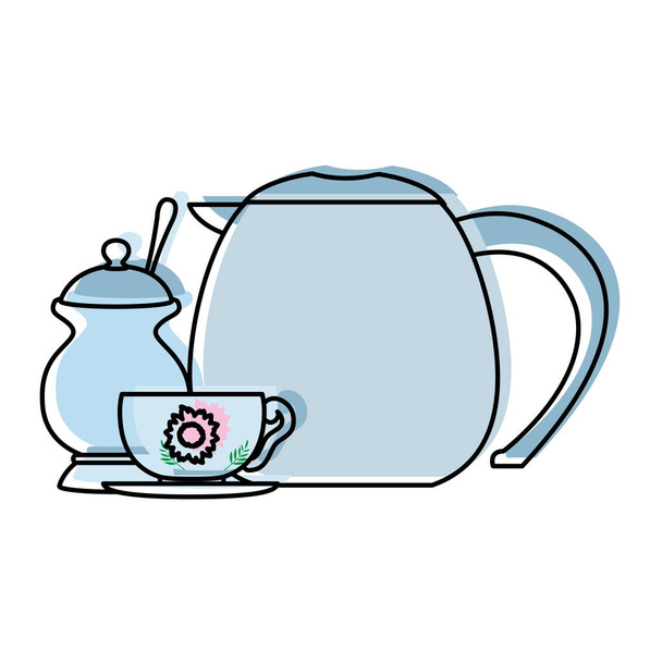 moved color teapot object with aromatic cup and sugar vector illustration - Vetor, Imagem