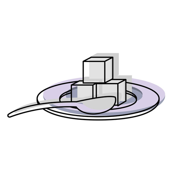 キューブ砂糖とスプーンのベクトル図と移動色磁器プレート - ベクター画像