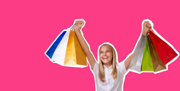 shopping,holiday, people and tourism concept -magazine style collage of happy young girl with shopping bags over bright pink background with copyspace - Photo, image