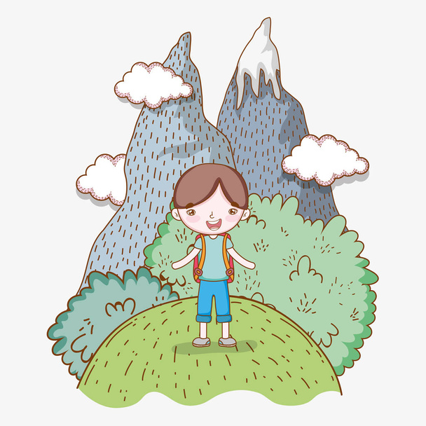 niño en las montañas de hielo con nubes y árboles vector ilustración
 - Vector, Imagen