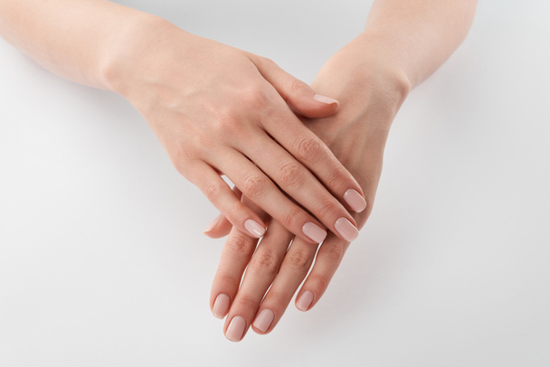 Vista parcial de las manos apretadas bien cuidadas femeninas sobre fondo blanco
  - Foto, imagen