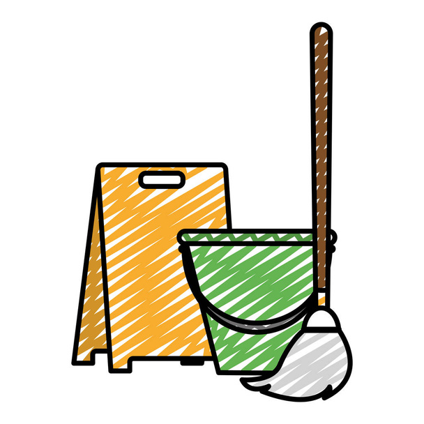 doodle mop with caution met floor and pail object vector illustration - Vector, Image