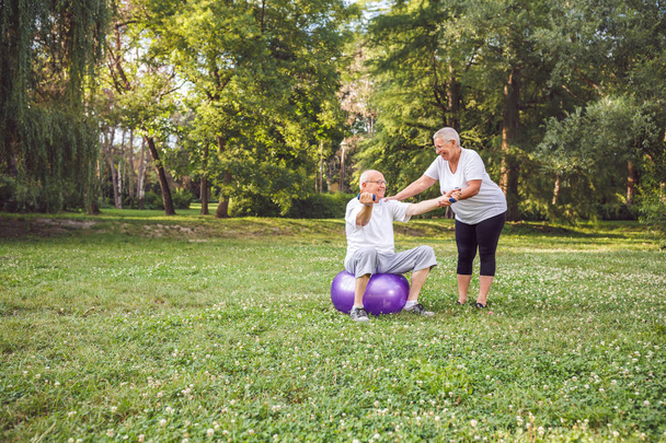 cardio exercise for senior- Happy mature family couple exercising outdoors - Photo, Image